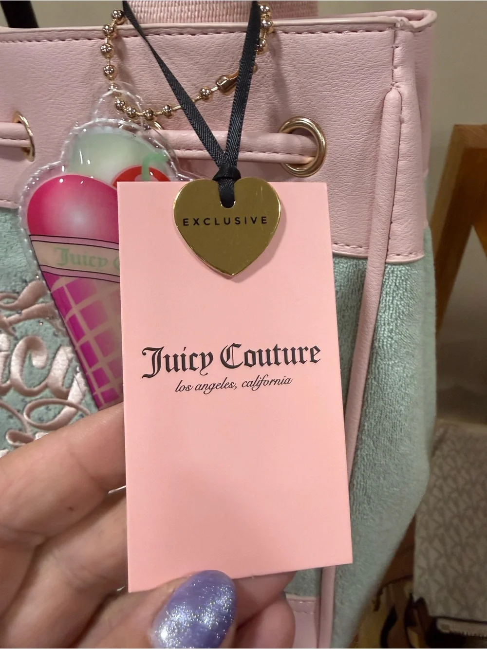 Juicy Couture Mint and Pink Tote with Ice Cream Charm